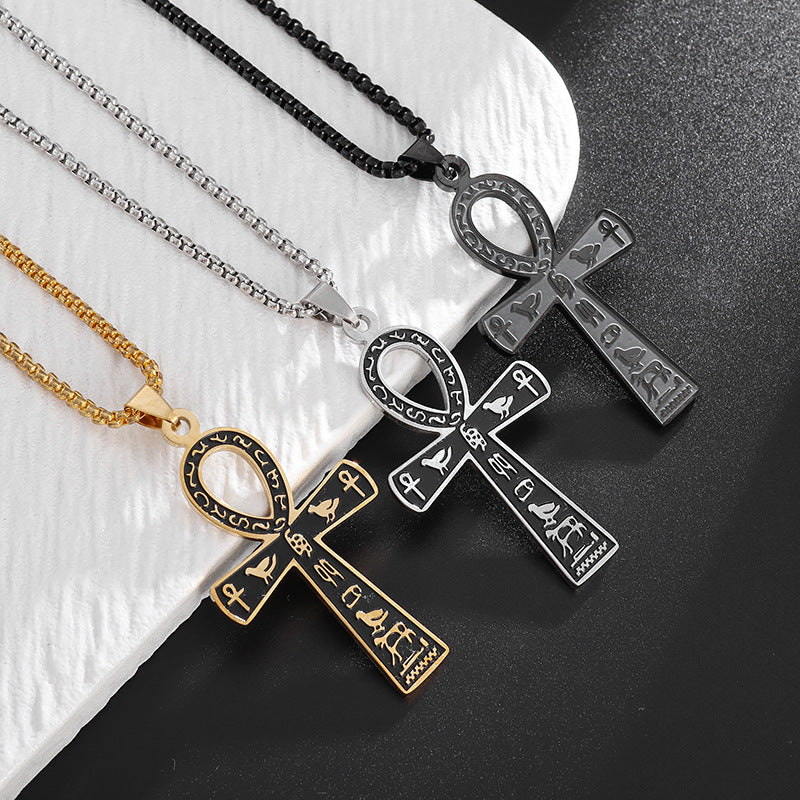 Cross-border Amazon jewelry supply ancient Egyptian symbol Ankh cross titanium steel necklace Christmas gift