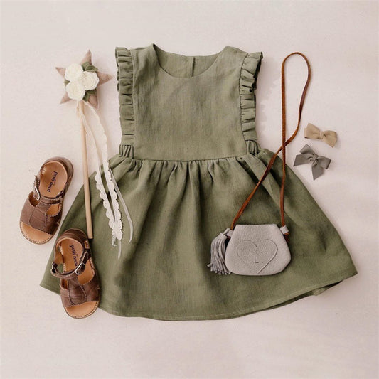 Girls summer dress cotton and linen sleeveless tank top ins popular solid color belly skirt baby clothes girls skirt