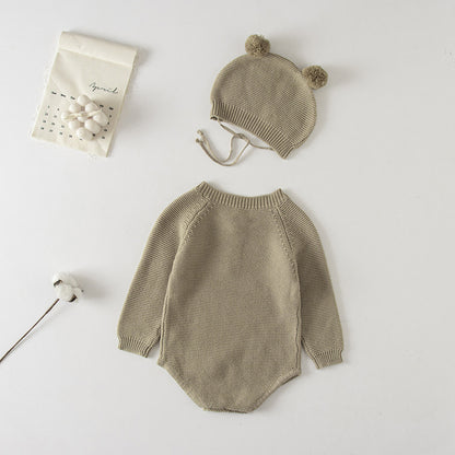 2021 Korean version of the newborn baby autumn knitted jumpsuit male and female baby cute hat bag fart crawling sweater