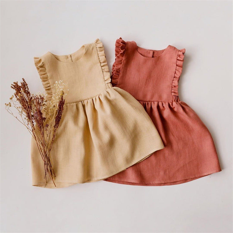 Girls summer dress cotton and linen sleeveless tank top ins popular solid color belly skirt baby clothes girls skirt