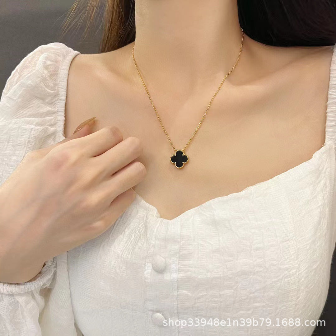 v gold 925 silver Fanjia four-leaf clover necklace high version women's thick plated 18k single flower pendant natural fritillary chalcedony