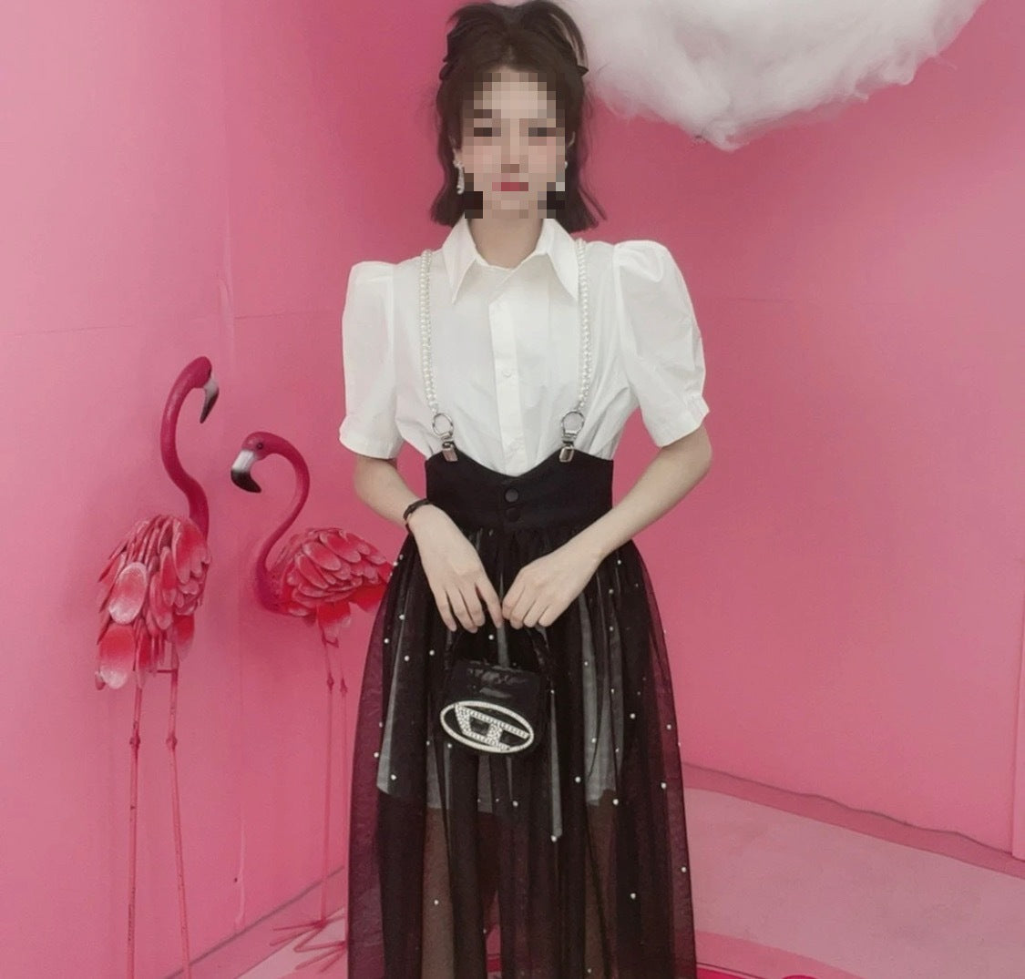 2023 spring and summer new style waist waist net gauze suspender skirt temperament lapel shirt slim suit