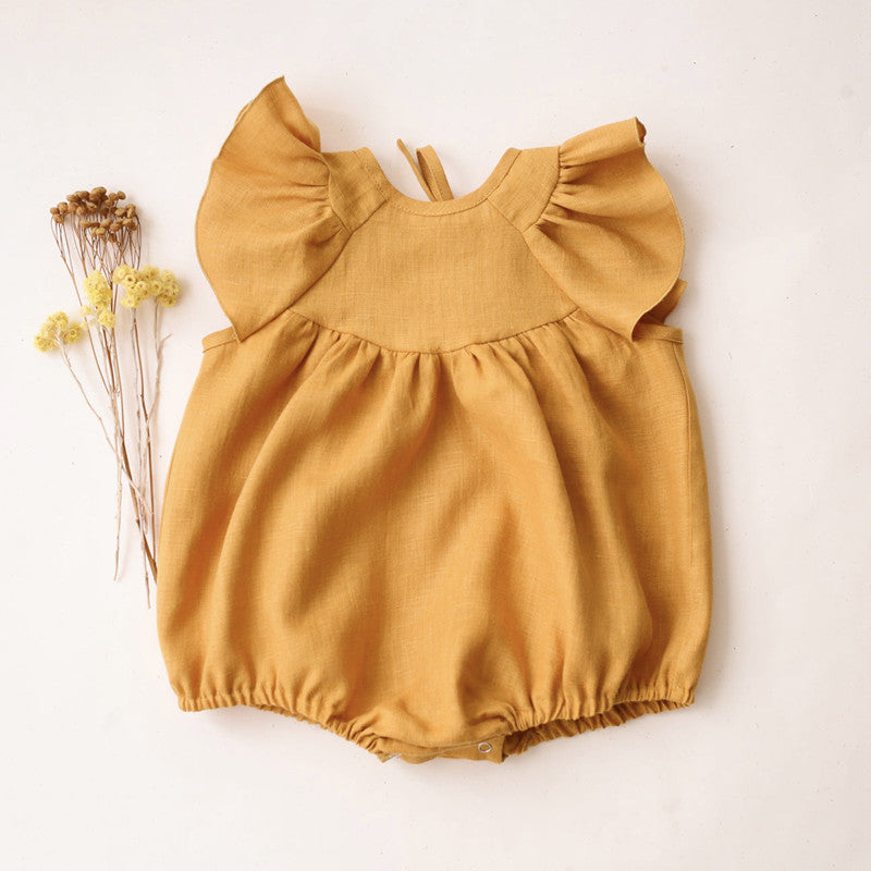 2023 Summer Lotus Leaf Sleeve Cotton and Linen Triangle Harness Baby Romper Jumpsuit Baby Cover Up Clothes Ins Baby Clothes