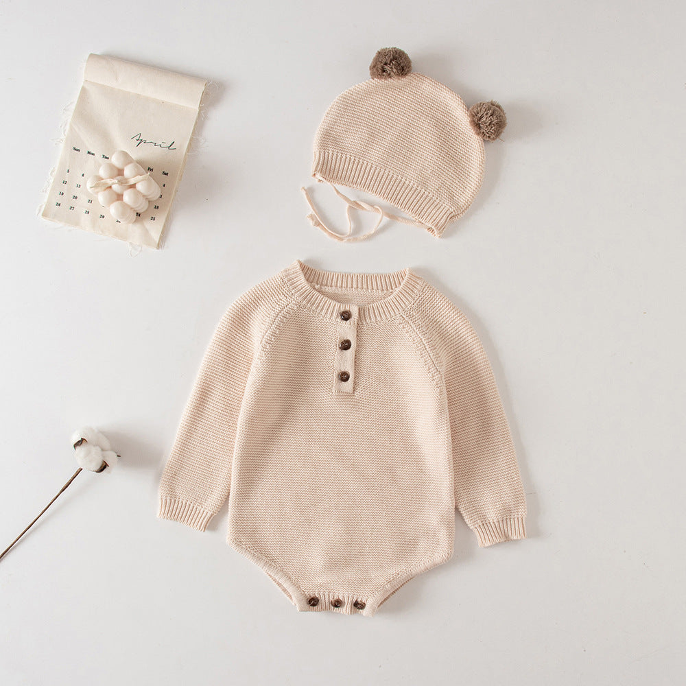 2021 Korean version of the newborn baby autumn knitted jumpsuit male and female baby cute hat bag fart crawling sweater