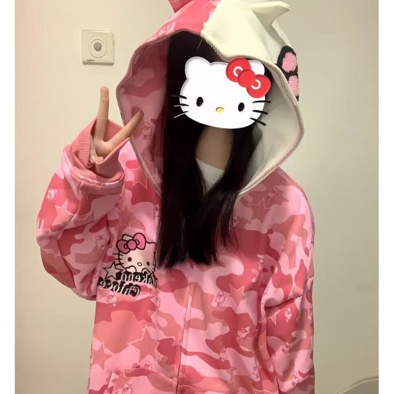 2023 Autumn American Street Hello Kitty Camouflage Printed Hooded Sweatshirt Loose and Versatile Trendy Student Couple Tops