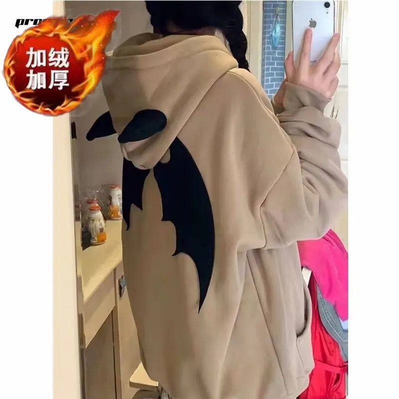 PROMONL American retro little devil hooded sweatshirt women's autumn and winter velvet thickened oversiz niche jacket