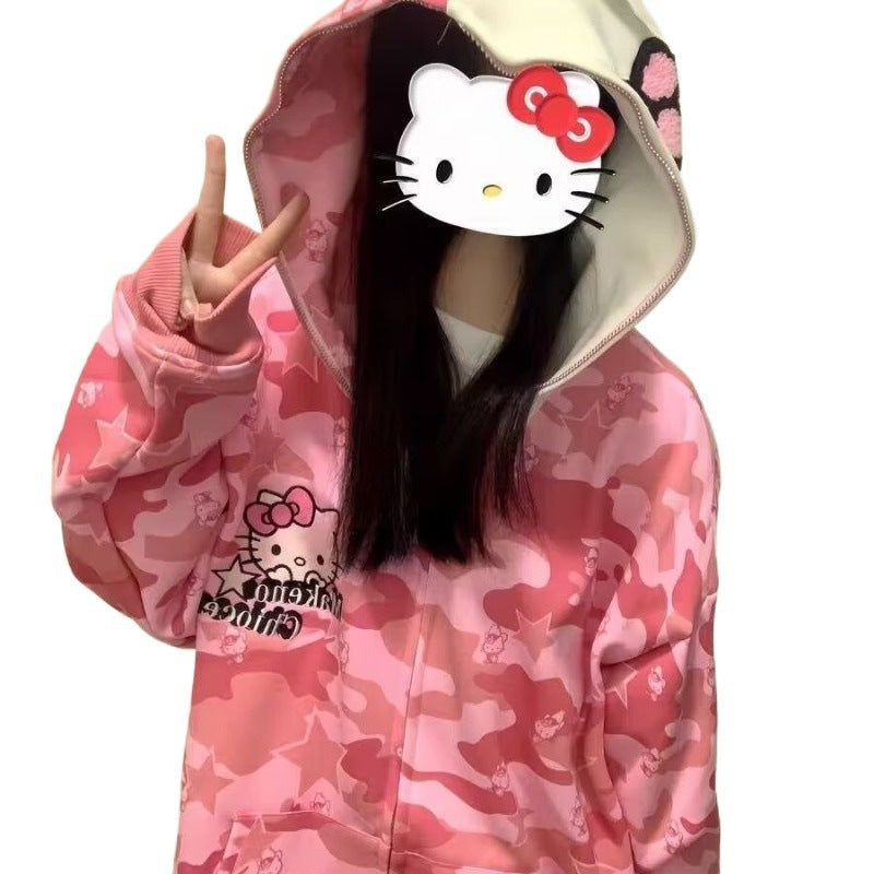 2023 Autumn American Street Hello Kitty Camouflage Printed Hooded Sweatshirt Loose and Versatile Trendy Student Couple Tops