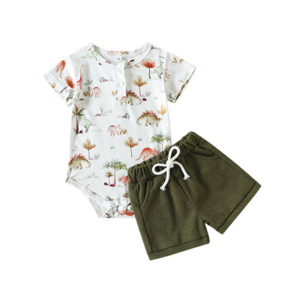 European and American foreign trade baby short-sleeved khaki summer style new baggy khaki printed baby romper + shorts set