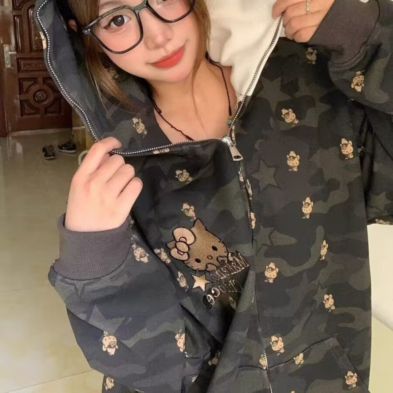 2023 Autumn American Street Hello Kitty Camouflage Printed Hooded Sweatshirt Loose and Versatile Trendy Student Couple Tops